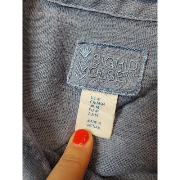 Sigrid Olsen Womens Medium 100% Linen Top Button Down Boxy Blue Slub Knit - Picture 5 of 9